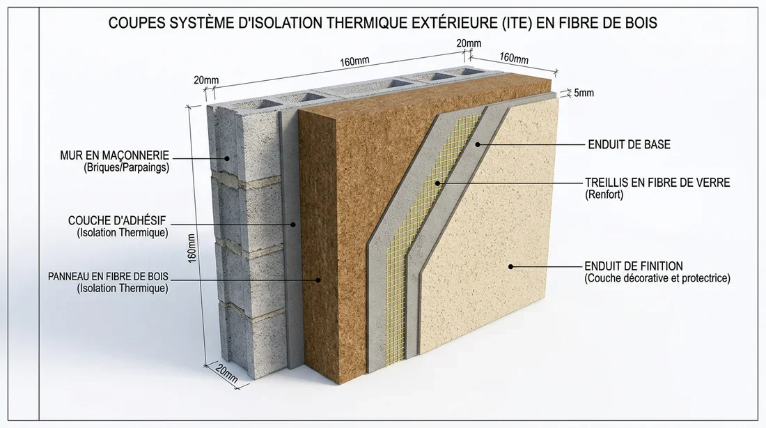 Schéma explicatif des différentes couches d'une isolation extérieure en fibre de bois sous enduit