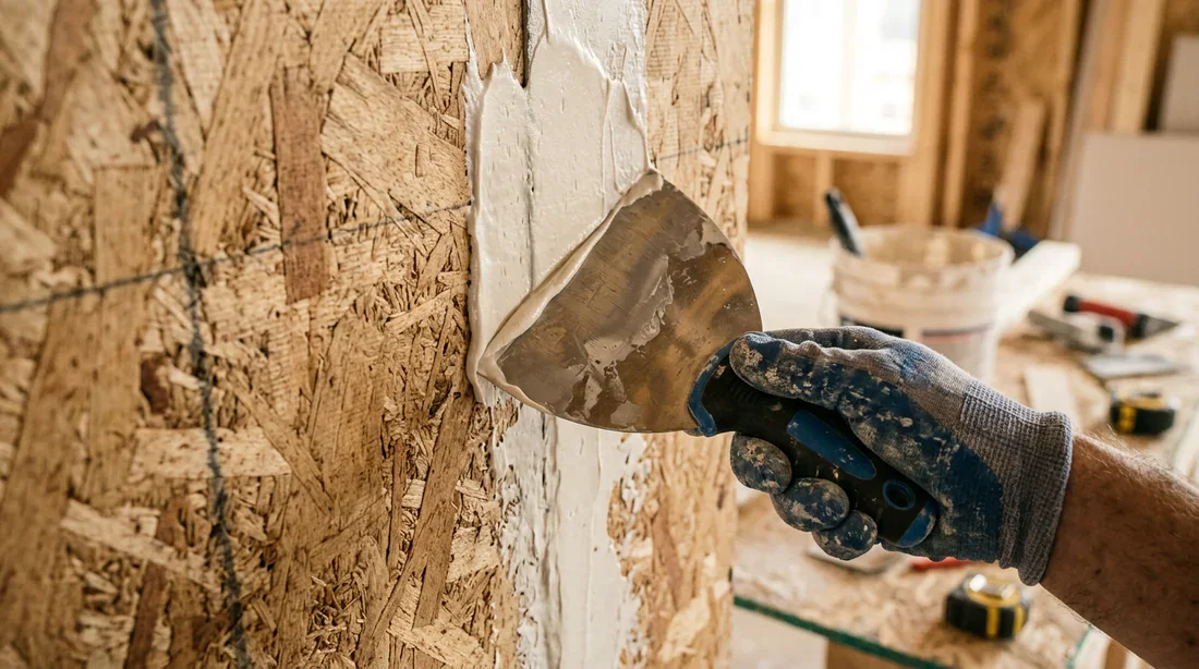 Application de l'enduit de rebouchage sur les joints d'un mur OSB