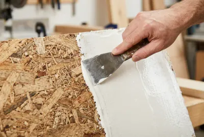 Détail de l'application d'enduit sur un panneau OSB