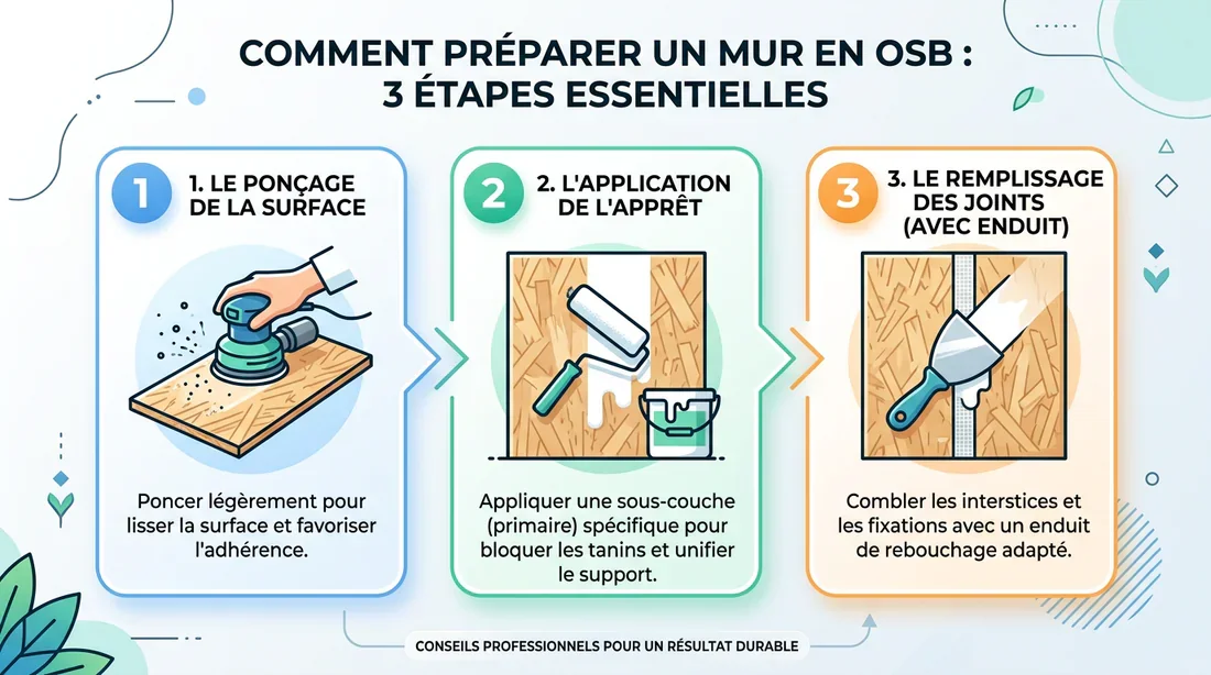 Infographie des étapes de préparation d'un mur en OSB