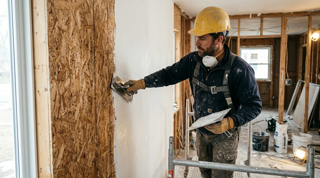 Lissage et enduit sur un mur en panneaux OSB en rénovation