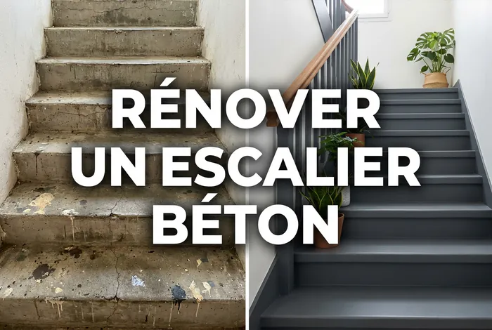 Comparaison avant et après la rénovation d'un escalier en béton avec de la peinture.