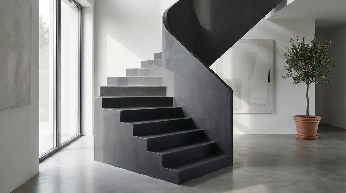 Escalier intérieur en béton moderne peint en gris anthracite avec une finition mate et lumière naturelle.