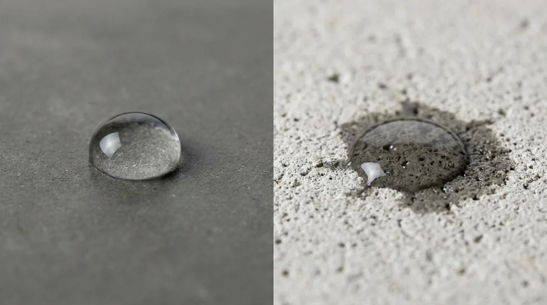 Gros plan du test de porosité du béton montrant la différence entre un support fermé et un support absorbant.