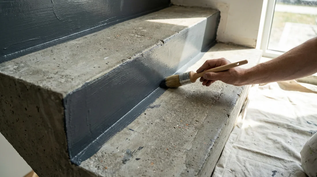 Technique de peinture du rechampi sur les angles d'une marche d'escalier en béton.