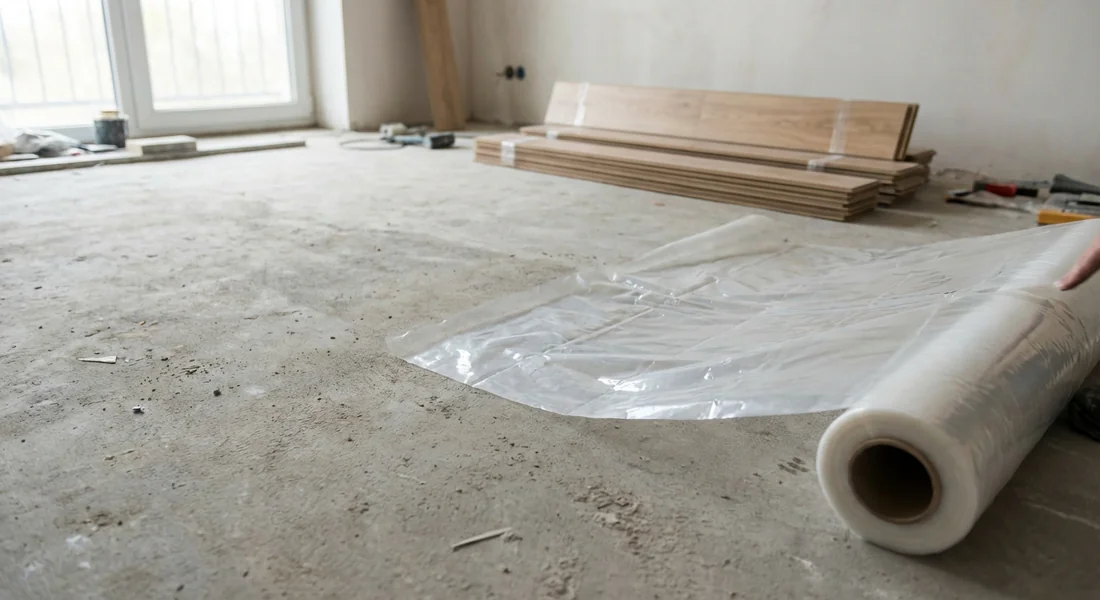 Rénovation de sol avec film polyane transparent et parquet stratifié sur dalle béton
