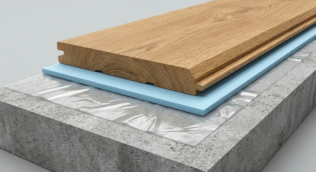 Vue en coupe des couches de sol : béton, polyane, sous-couche et stratifié