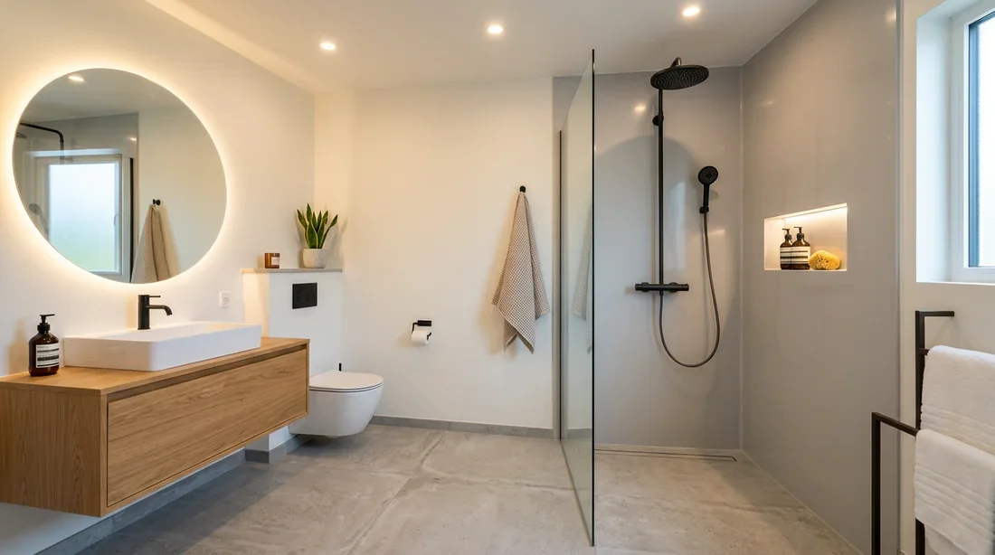 Salle de bain moderne en fibre de verre Vue panoramique d'une salle de bain moderne équipée de panneaux en fibre de verre au design luxueux