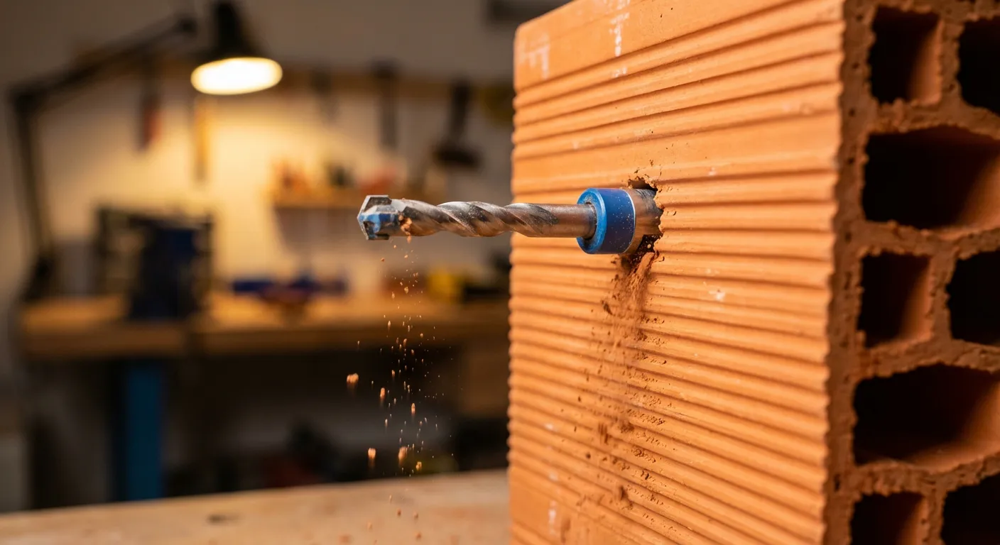 Gros plan sur le perçage délicat d'une brique creuse de plafond.