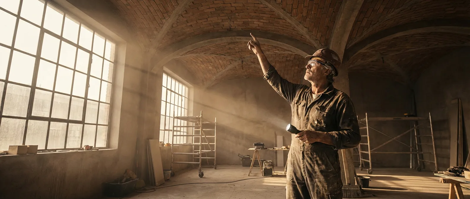 Vue cinématographique d'un plafond en brique creuse lors d'une rénovation haut de gamme.