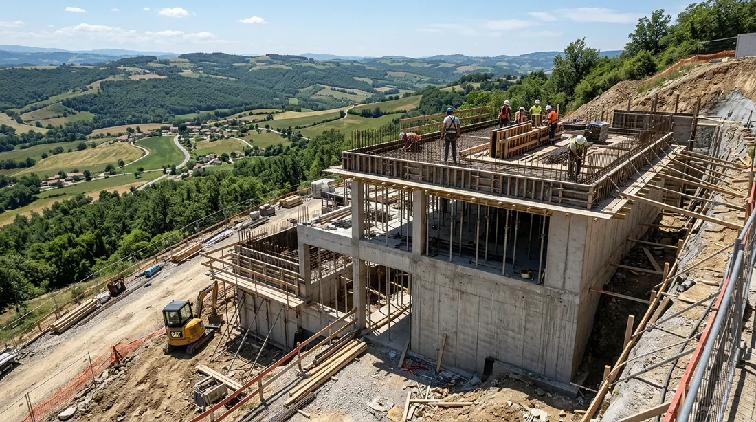 Construction d'un vide sanitaire sur terrain pentu Chantier de construction d'un vide sanitaire en béton sur un terrain en forte pente avec vue panoramique