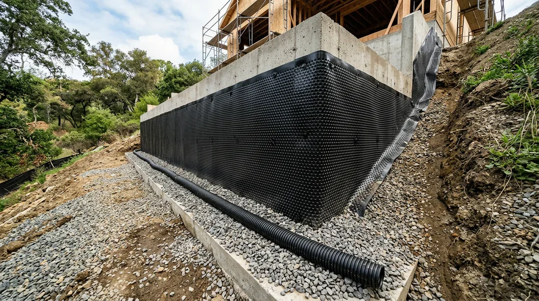 Drainage et étanchéité des fondations Système de drainage et membrane d'étanchéité posés le long des murs du vide sanitaire