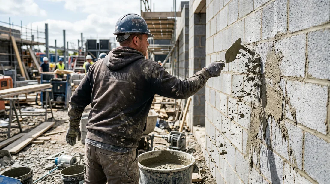 Application du mortier gobetis à la truelle sur mur parpaing Maçon projettant du mortier liquide à la truelle sur un mur extérieur en parpaings