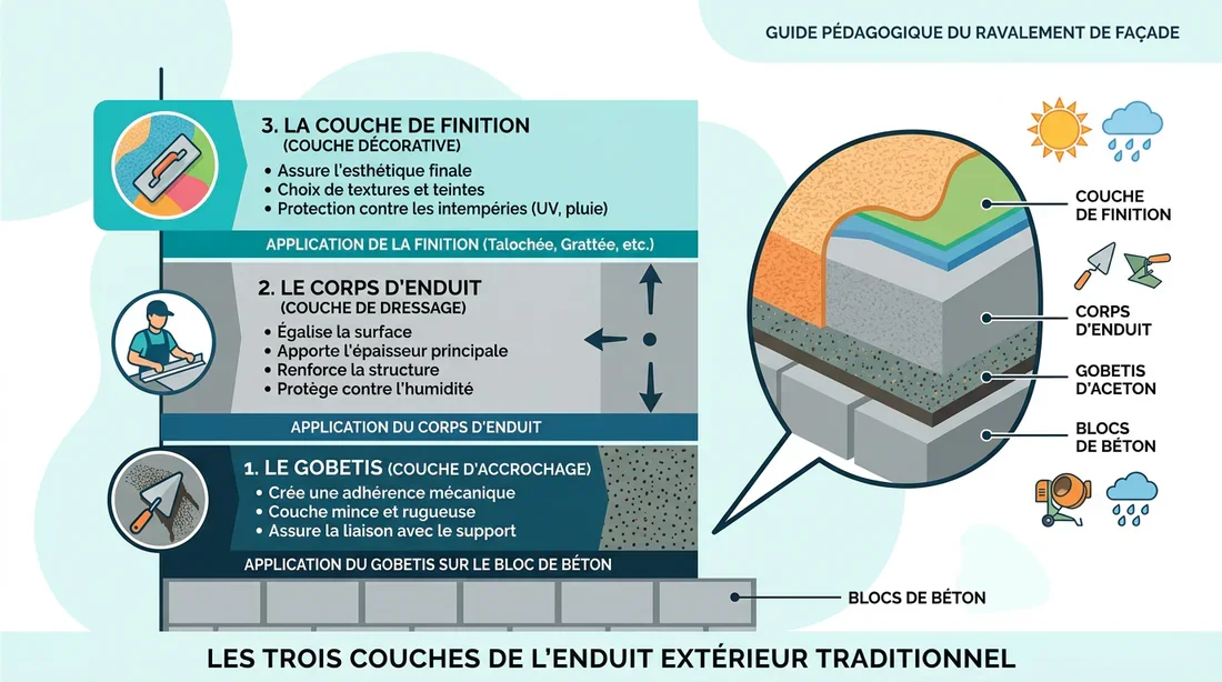 Les différentes couches de l'enduit de façade Schéma de la structure des 3 couches d'enduit de façade traditionnel