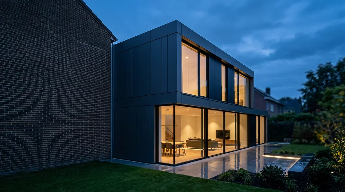 Maison moderne avec extension construite en limite séparative sans débord de toiture