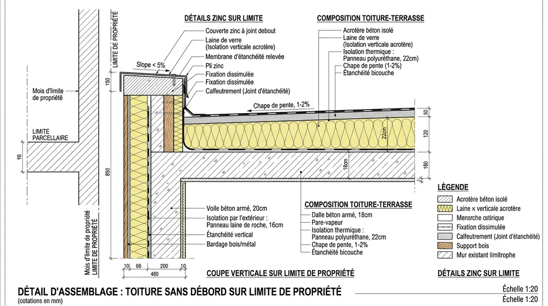 Schéma technique toiture sans débord en limite de propriété