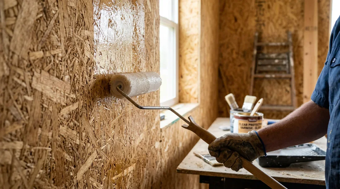 Finition et protection des murs en OSB Application d'un vernis de protection sur un mur en panneaux OSB