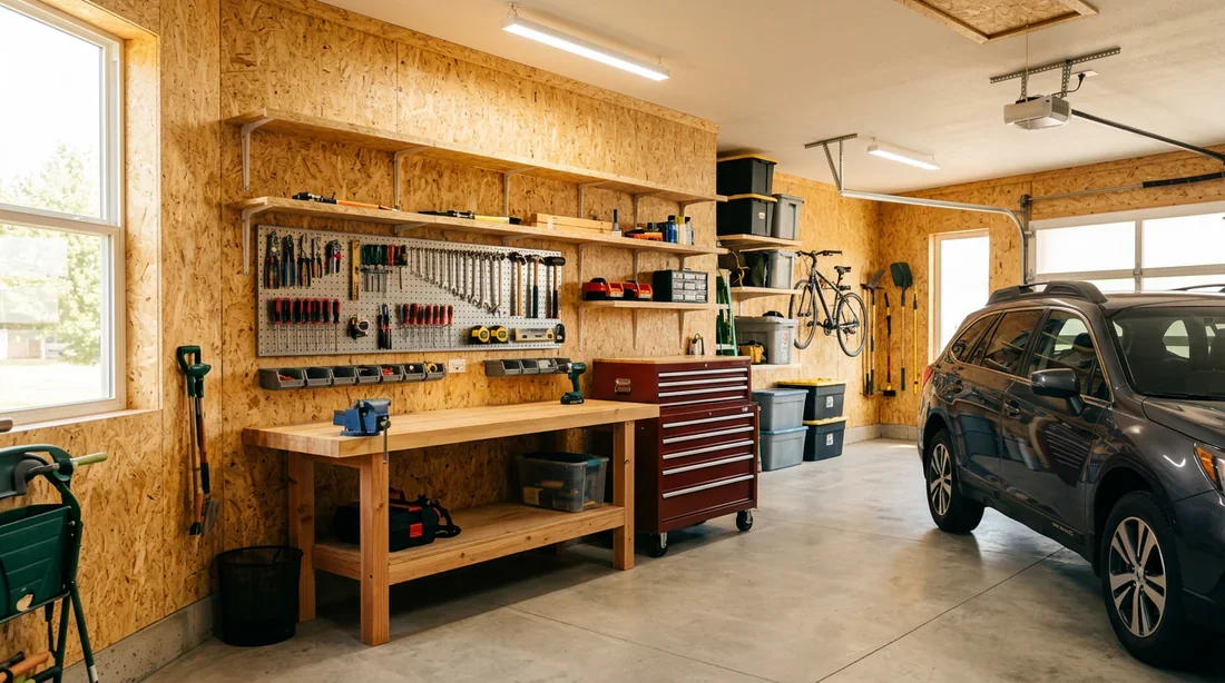 Habillage mural en panneaux OSB pour garage Intérieur de garage moderne avec murs habillés de panneaux OSB clairs et rangement d'outils
