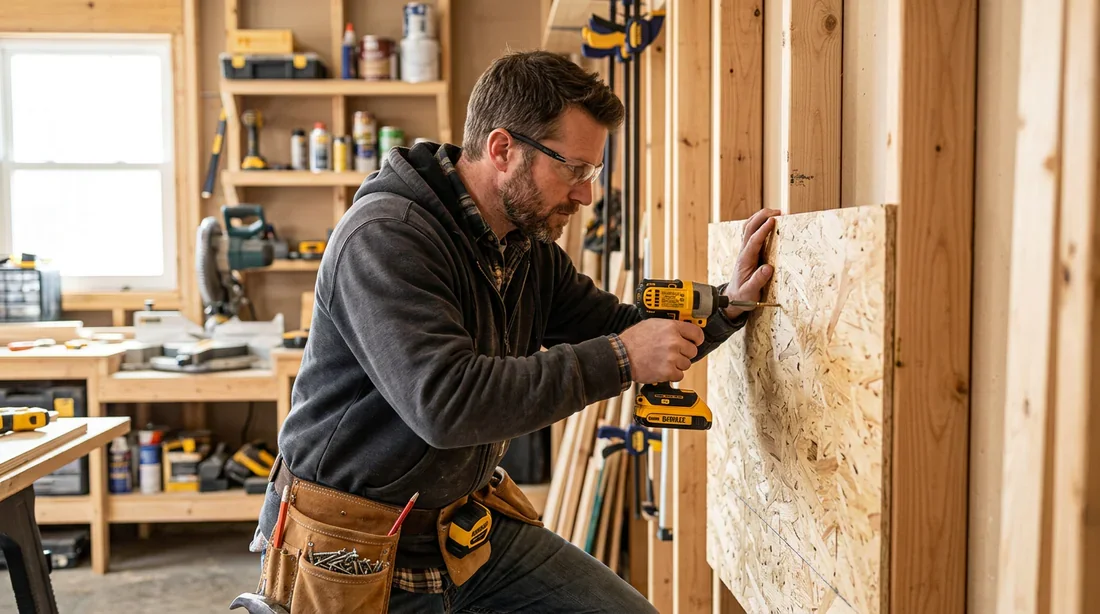 Technique de fixation des panneaux OSB sur tasseaux Pose de panneaux OSB sur ossature en tasseaux de bois dans un garage