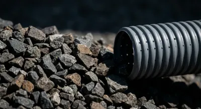 Gros plan sur les matériaux d'un hérisson ventilé : pierres concassées et tube de ventilation