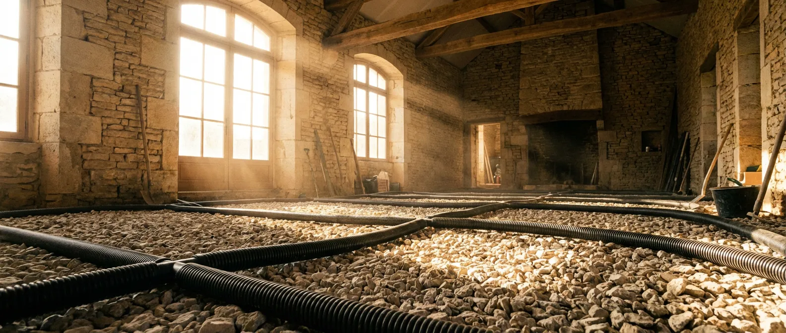 Le hérisson ventilé : solution d'isolation et d'assainissement Mise en œuvre d'un hérisson ventilé dans une rénovation de maison ancienne avec lumière cinématographique