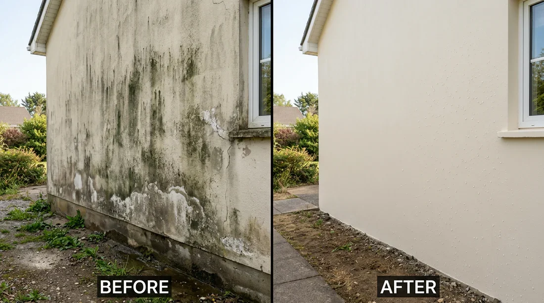 Traitement hydrofuge avant après mur extérieur Comparatif avant et après traitement hydrofuge sur un mur extérieur humide avec traces de moisissure