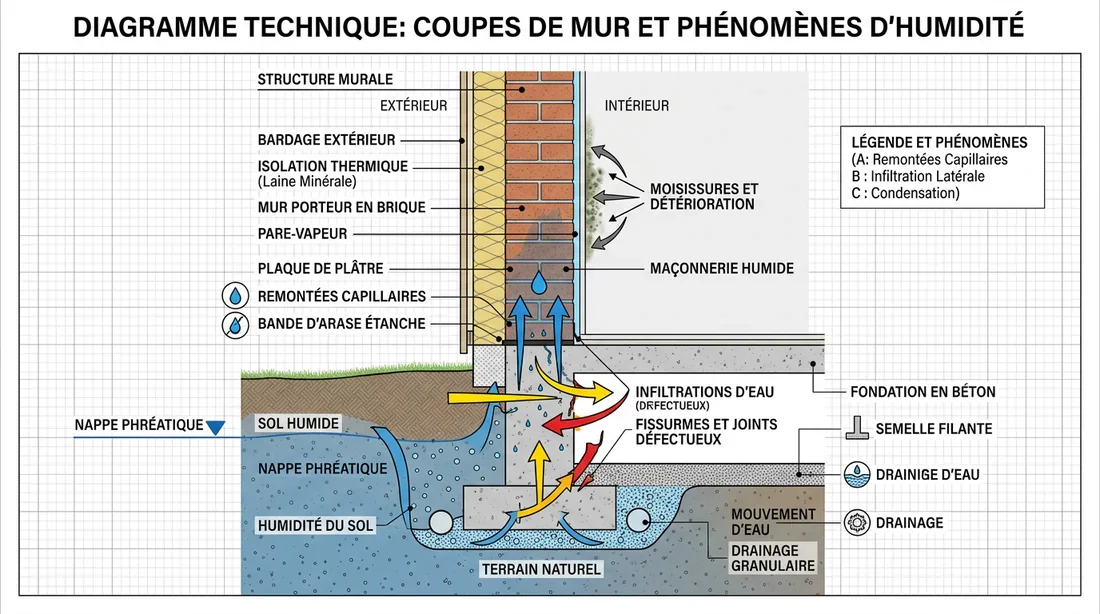 Schema des remontees capillaires dans la maconnerie Schema explicatif des remontees capillaires et des infiltrations d eau dans un mur