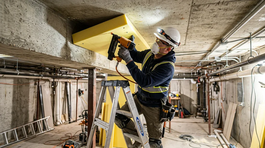 Pose de panneaux en polyuréthane sous un plafond de cave Artisan qualifié en tenue de protection fixant un panneau d'isolation en polyuréthane au plafond en béton d'une cave.