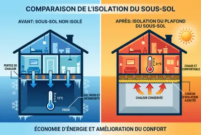 Infographie comparative montrant l'efficacité thermique avant et après l'isolation d'un plafond de cave.