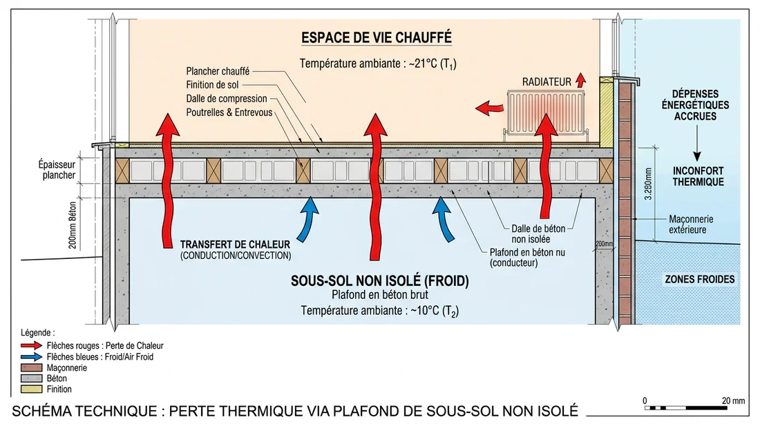 Schéma des flux thermiques à travers le plafond Schéma explicatif des déperditions thermiques à travers le plafond d'une cave non isolée.