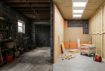 Comparaison avant et après rénovation d'un garage brut en atelier isolé
