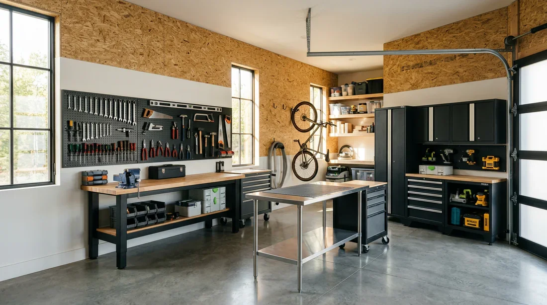 Garage bien rangé transformé en atelier lumineux avec finitions en OSB et placo