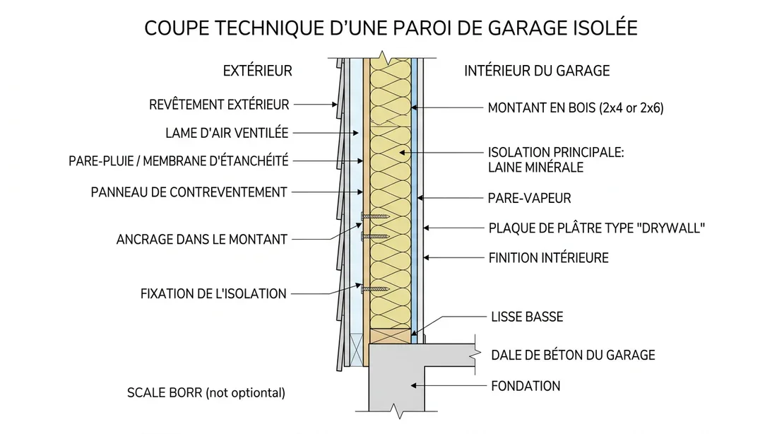 Schéma technique de l'isolation des murs d'un garage