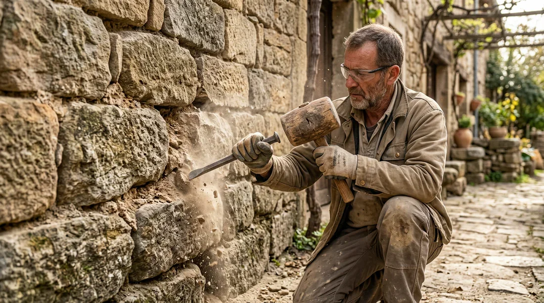 Préparation du mur et dégarnissage des joints Dégarnissage des vieux joints d'un mur en pierre au ciseau et maillet
