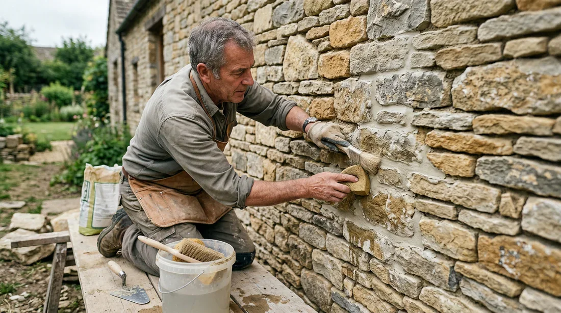Finition et brossage des joints à la chaux Finition et nettoyage des joints à la chaux avec une éponge sur mur en pierre