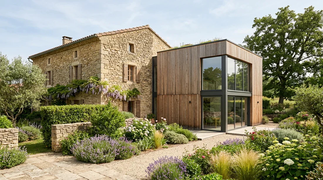 Extension moderne accolée à une maison ancienne Extension de maison moderne en bois accolée à une maison ancienne en pierre