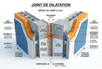 Schéma 3D montrant le joint de dilatation de 3cm entre deux murs