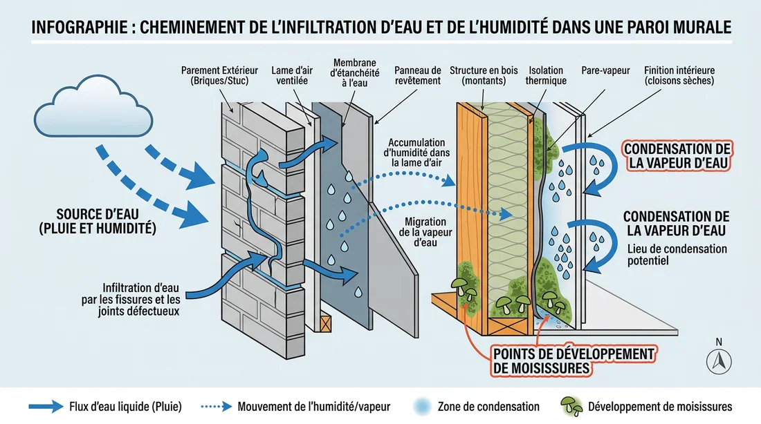 Schéma des causes d'humidité dans le placo Schéma technique expliquant l'infiltration d'eau dans une paroi