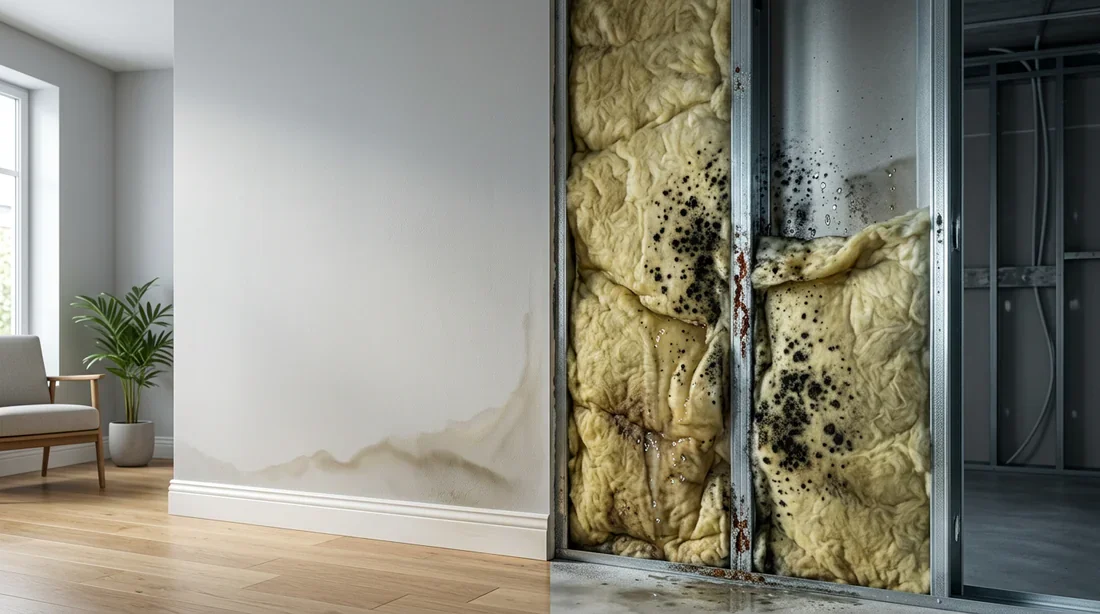 Problèmes d'humidité et moisissure dans les cloisons en placo Vue avant-après d'un mur en placo avec moisissures et laine de verre humide