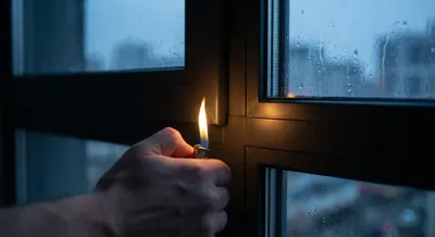 Gros plan d'un test de courant d'air avec une flamme de briquet près d'une fenêtre.