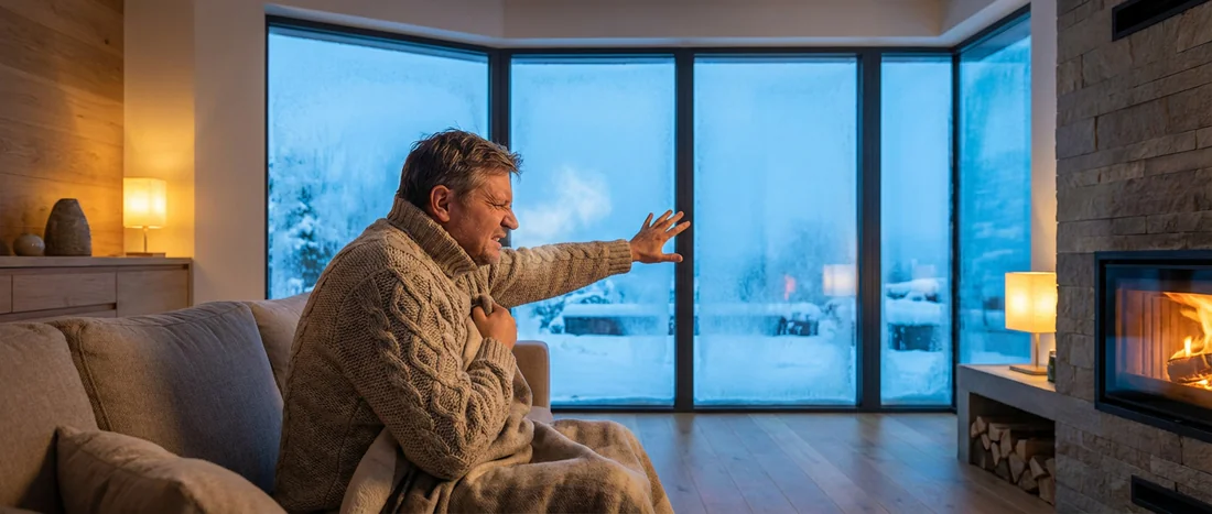 Inconfort thermique causé par une baie vitrée mal isolée Une personne en pull frissonnant à côté d'une grande baie vitrée moderne laissant passer l'air.