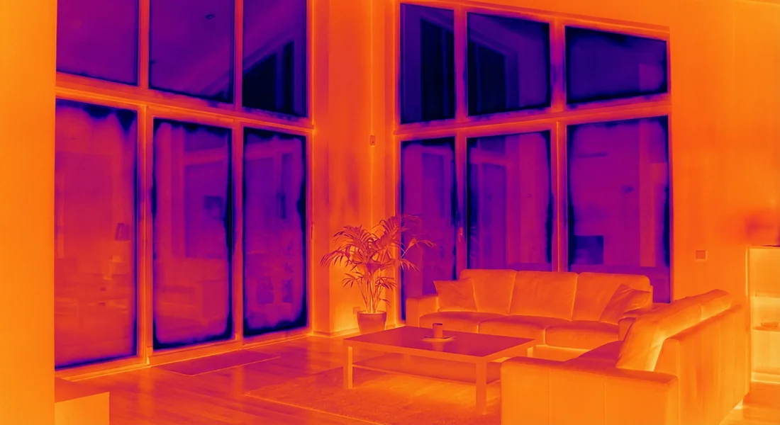Analyse thermique d'une baie vitrée Vue thermographique montrant les déperditions de chaleur d'une fenêtre.