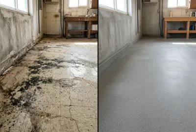 Comparaison avant après d'un sol en lino moisi et d'une dalle béton propre