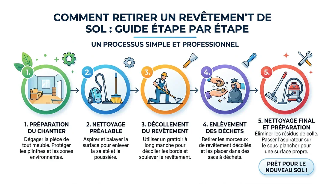 Étapes de dépose du revêtement de sol Infographie des étapes pour enlever un ancien revêtement de sol