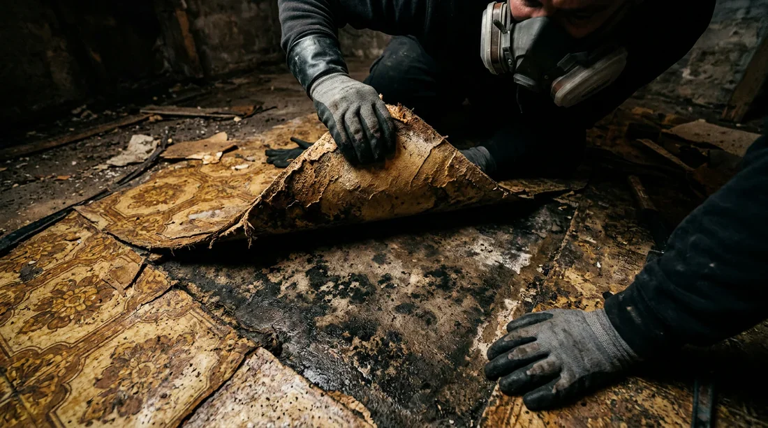 Inspection d'une dalle béton sous un ancien revêtement de sol Personne en équipement de protection retirant un vieux lino pour inspecter une dalle béton moisi