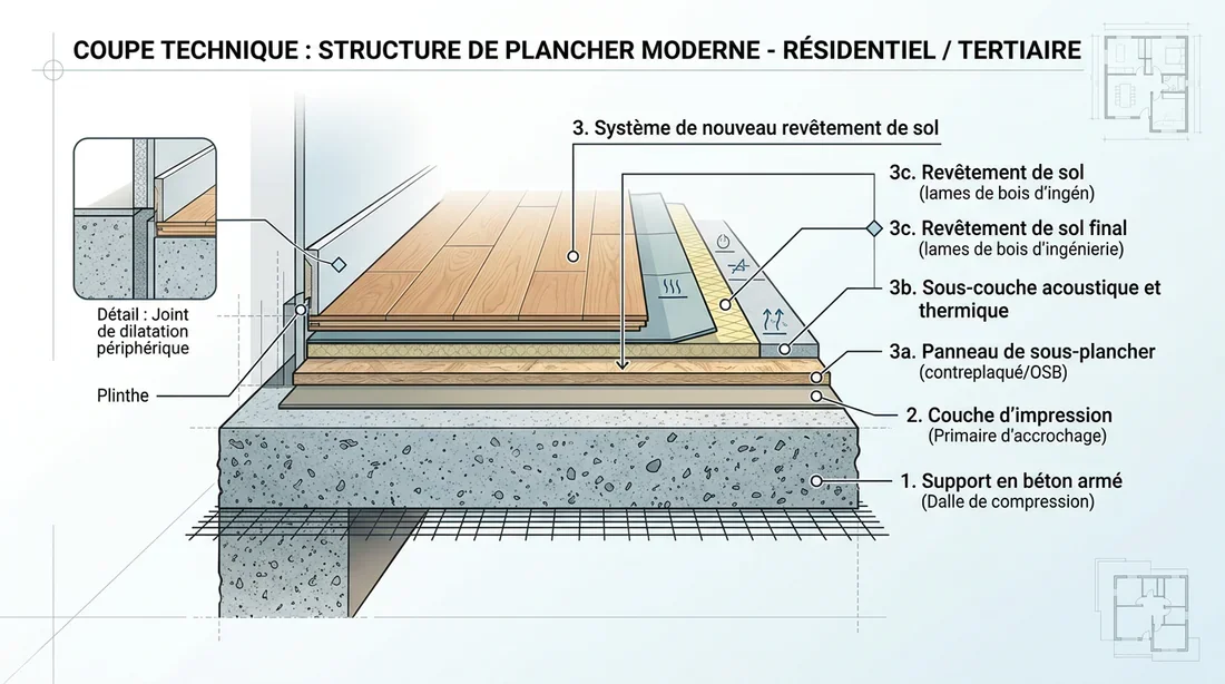 Schéma de pose d'un nouveau revêtement sur béton Schéma technique de la structure d'un sol avec couche de primaire et revêtement