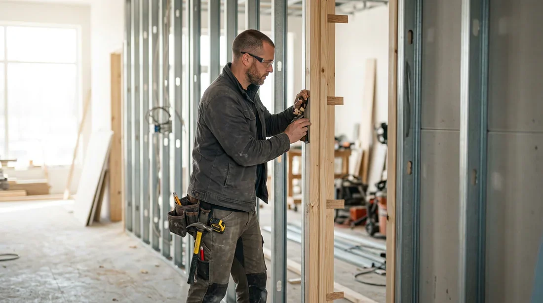Pose d'un bloc-porte dans une ossature métallique Artisan ajustant un bloc-porte en bois dans une ossature métallique de cloison