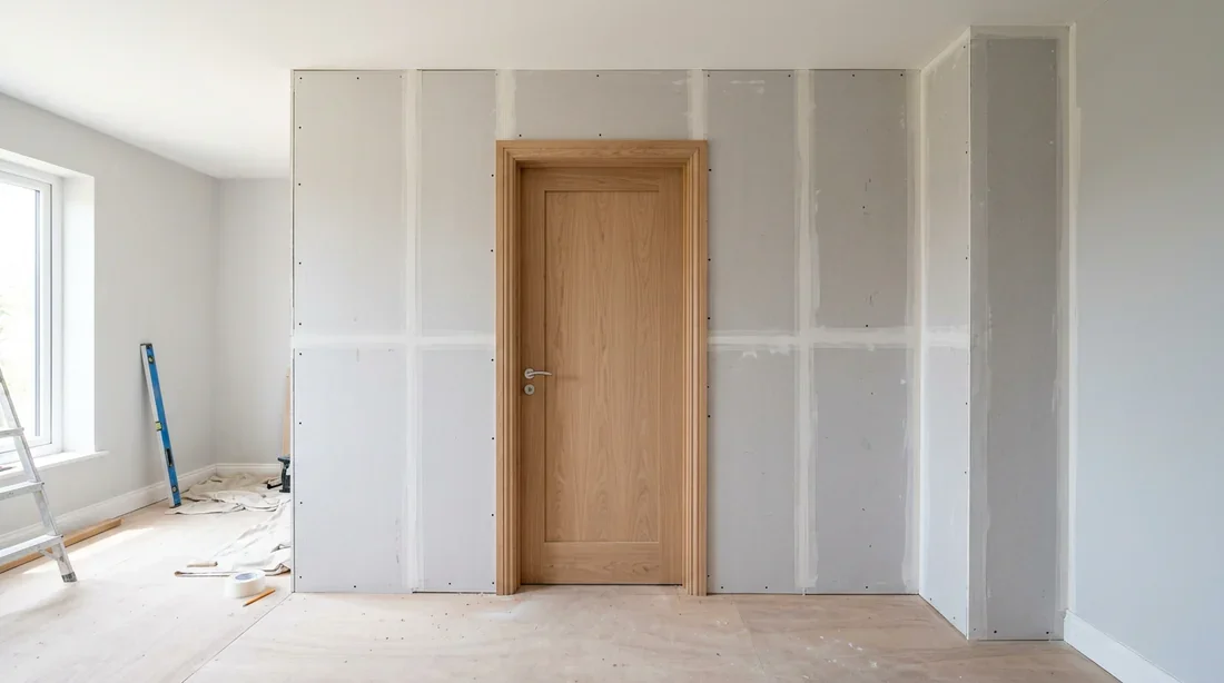 Finitions de la cloison après la pose du bloc-porte Cloison en plaques de plâtre posée autour du nouveau bloc-porte