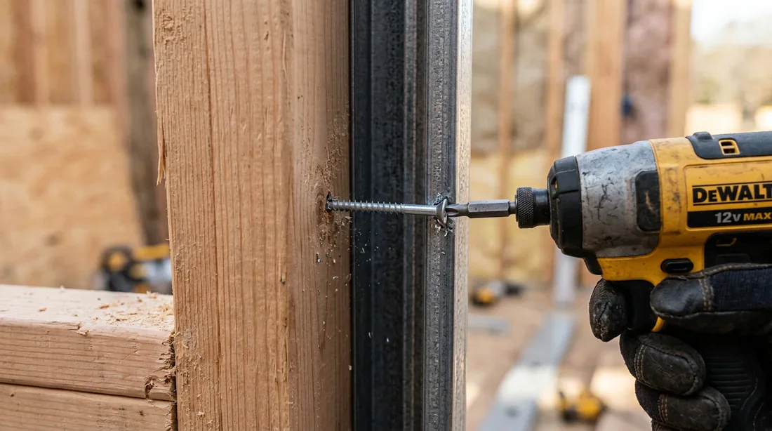 Fixation de l'huisserie sur les montants métalliques Fixation précise du bloc-porte en bois sur le rail métallique à la visseuse