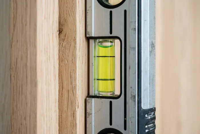 Monter une cloison avec porte : Tuto étape par étape - Réussir sa cloison avec porte : Le guide simple 2026 - Comment monter une cloison avec porte sans fissure ? Gros plan sur un niveau à bulle vérifiant la verticalité d'une huisserie de porte